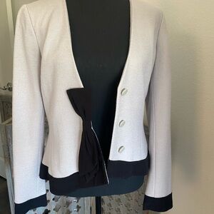 Anthropologie light grey jacket with black trim and bow